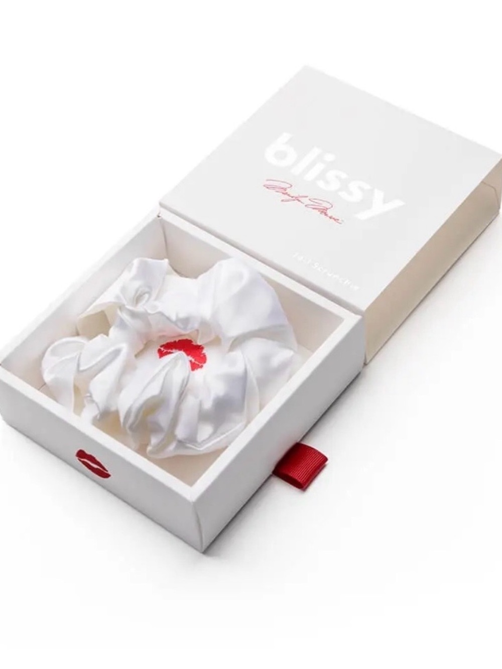 NIB Blissy Marilyn Monroe Limited Edition Silk Tail Scrunchie White & Red Lips
